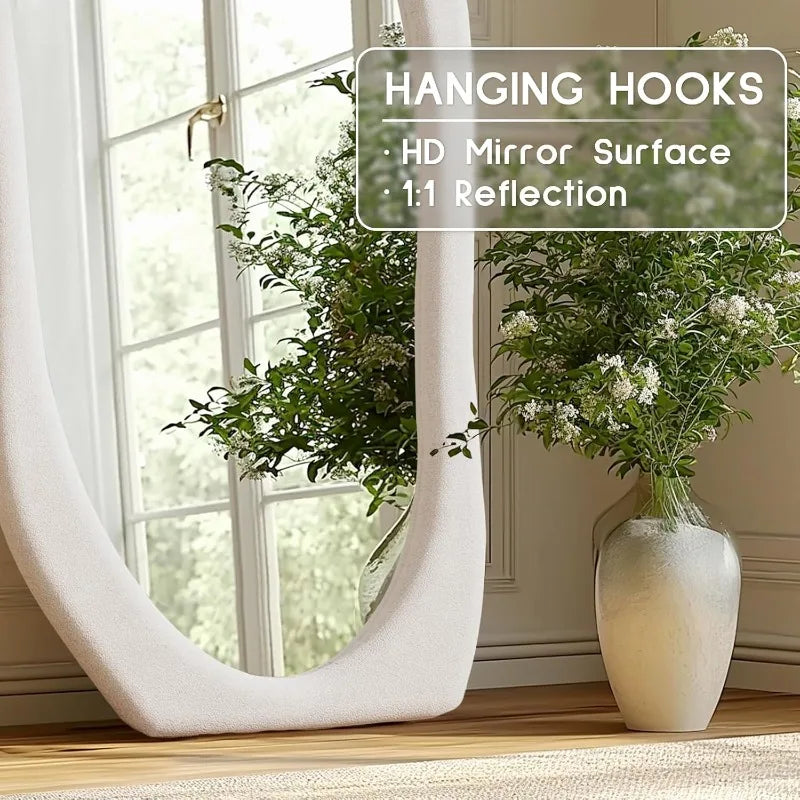 Brightique Full Length Mirror 63"x24" Irregular Full Body Wall Mounted Floor Mirror with Stand Ivory Flannel Frame Leaning Hanging Wall Mir