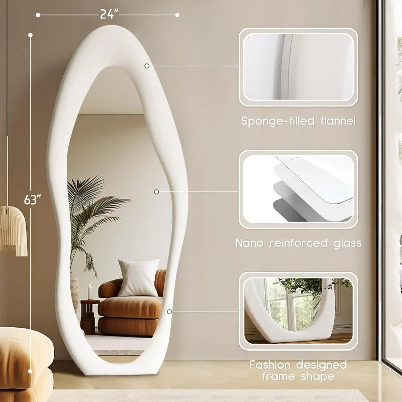 Brightique Full Length Mirror 63"x24" Irregular Full Body Wall Mounted Floor Mirror with Stand Ivory Flannel Frame Leaning Hanging Wall Mir