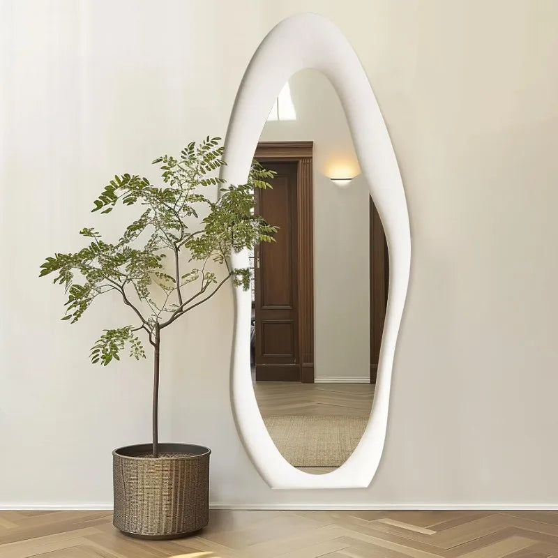 Brightique Full Length Mirror 63"x24" Irregular Full Body Wall Mounted Floor Mirror with Stand Ivory Flannel Frame Leaning Hanging Wall Mir
