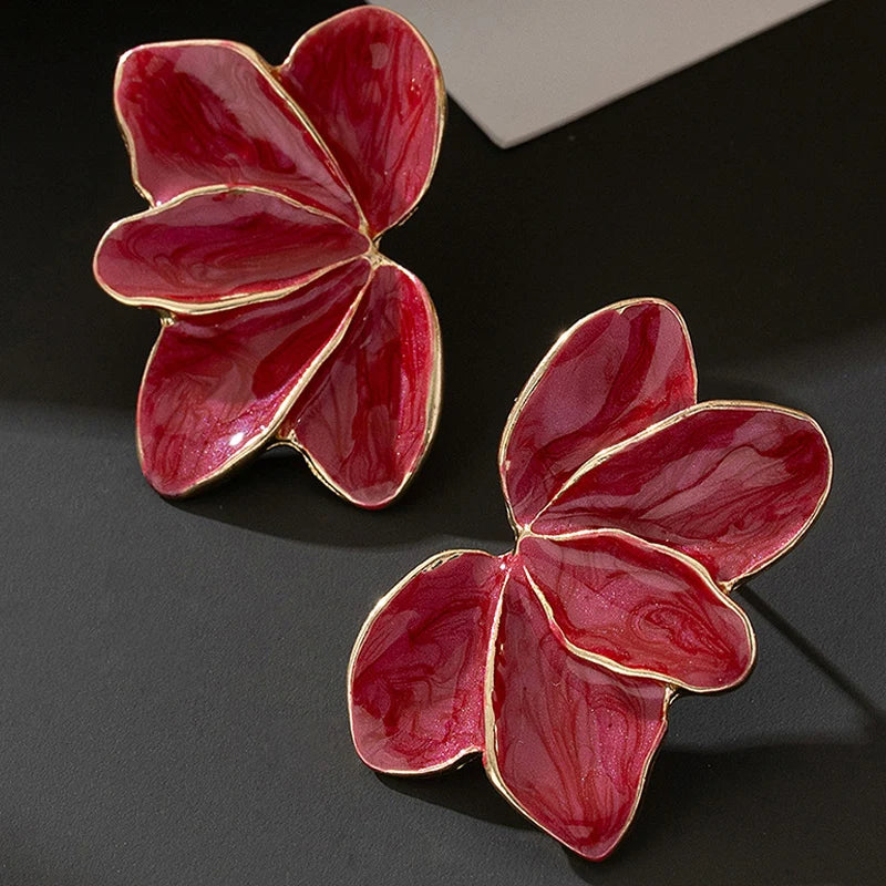 Metal Flower Red Enamel Petal Post Earrings