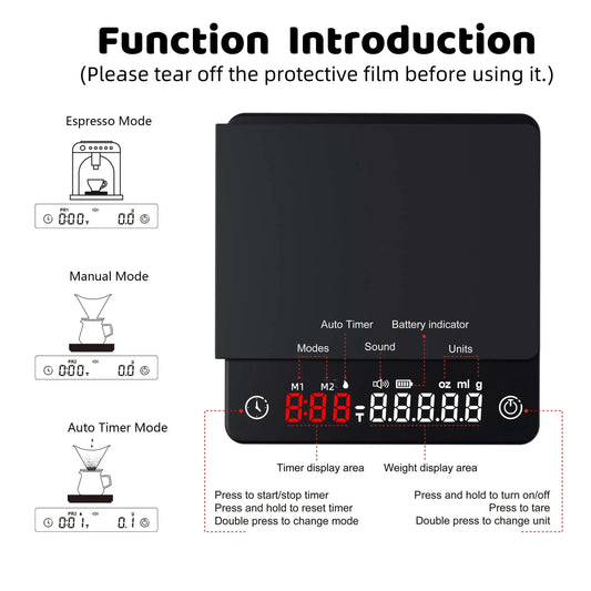 Brightique Tiny Espresso Coffee Scale Mini Smart Timer Coffee Balance USB 2kg/0.1g g/oz/ml Man Woman Gift Digital Weight Kitchen Scale