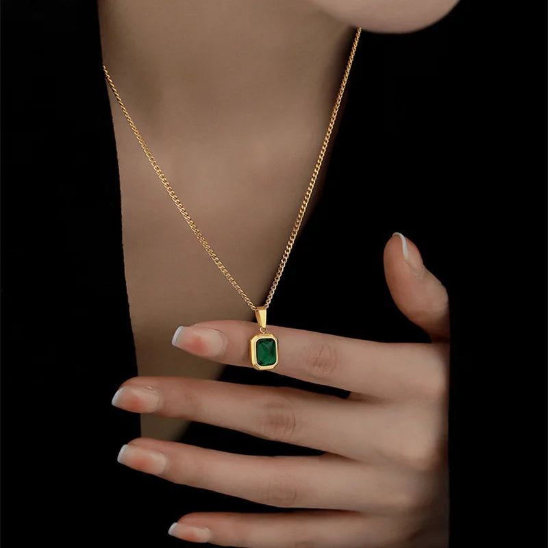 Emerald Zirconia Geometric Square Pendant Necklace