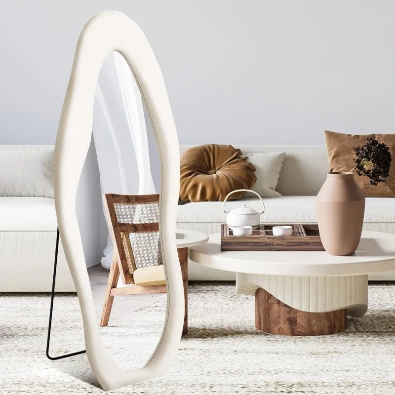 Brightique Full Length Mirror 63"x24" Irregular Full Body Wall Mounted Floor Mirror with Stand Ivory Flannel Frame Leaning Hanging Wall Mir