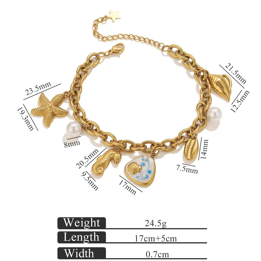 Pearl Shell Starfish Pendant 18K Gold Plated Couple Bracelet