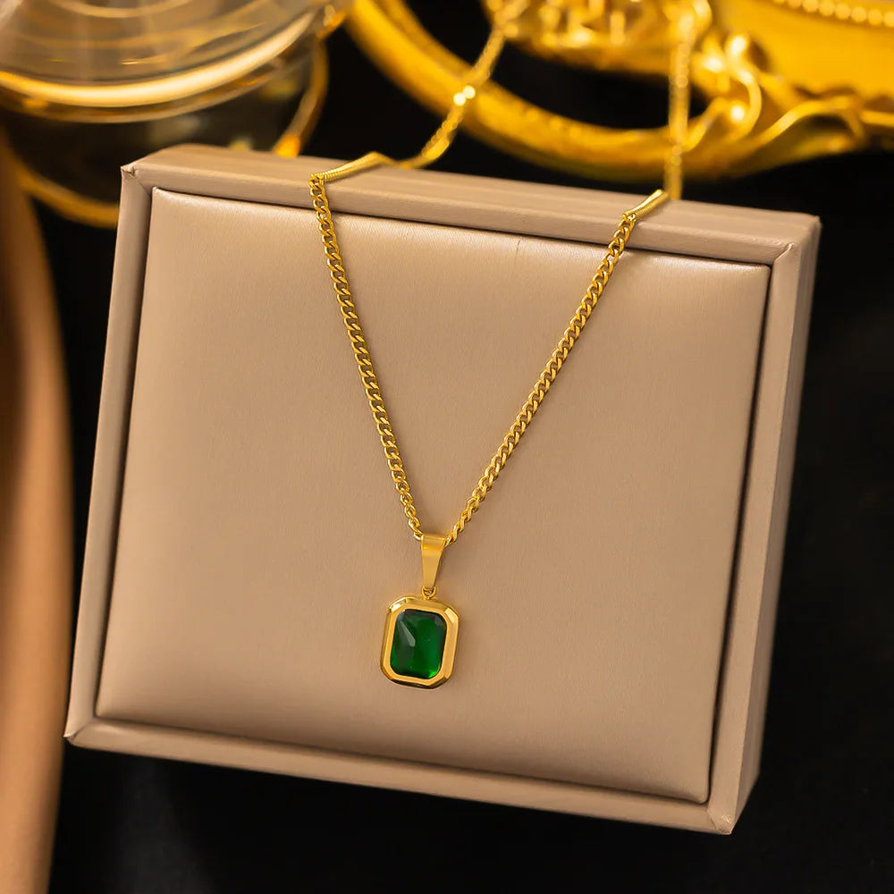 Emerald Zirconia Geometric Square Pendant Necklace