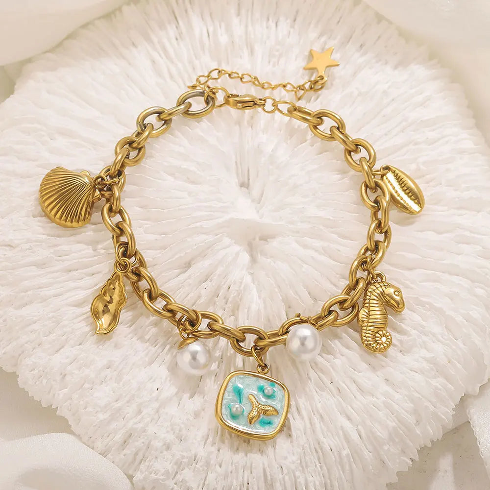 Pearl Shell Starfish Pendant 18K Gold Plated Couple Bracelet