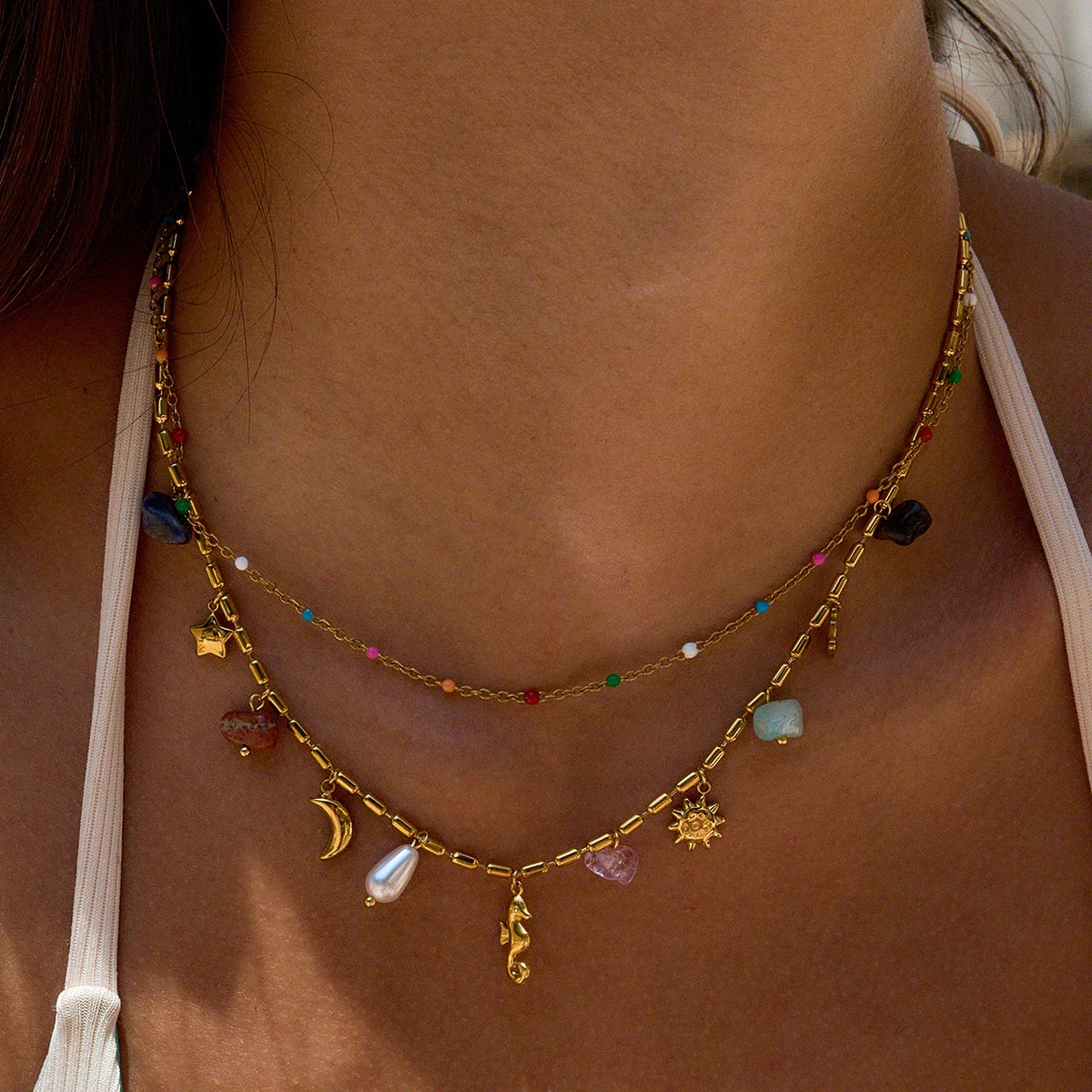 Natural Color Stone Pendant Necklace Stackable Double layer