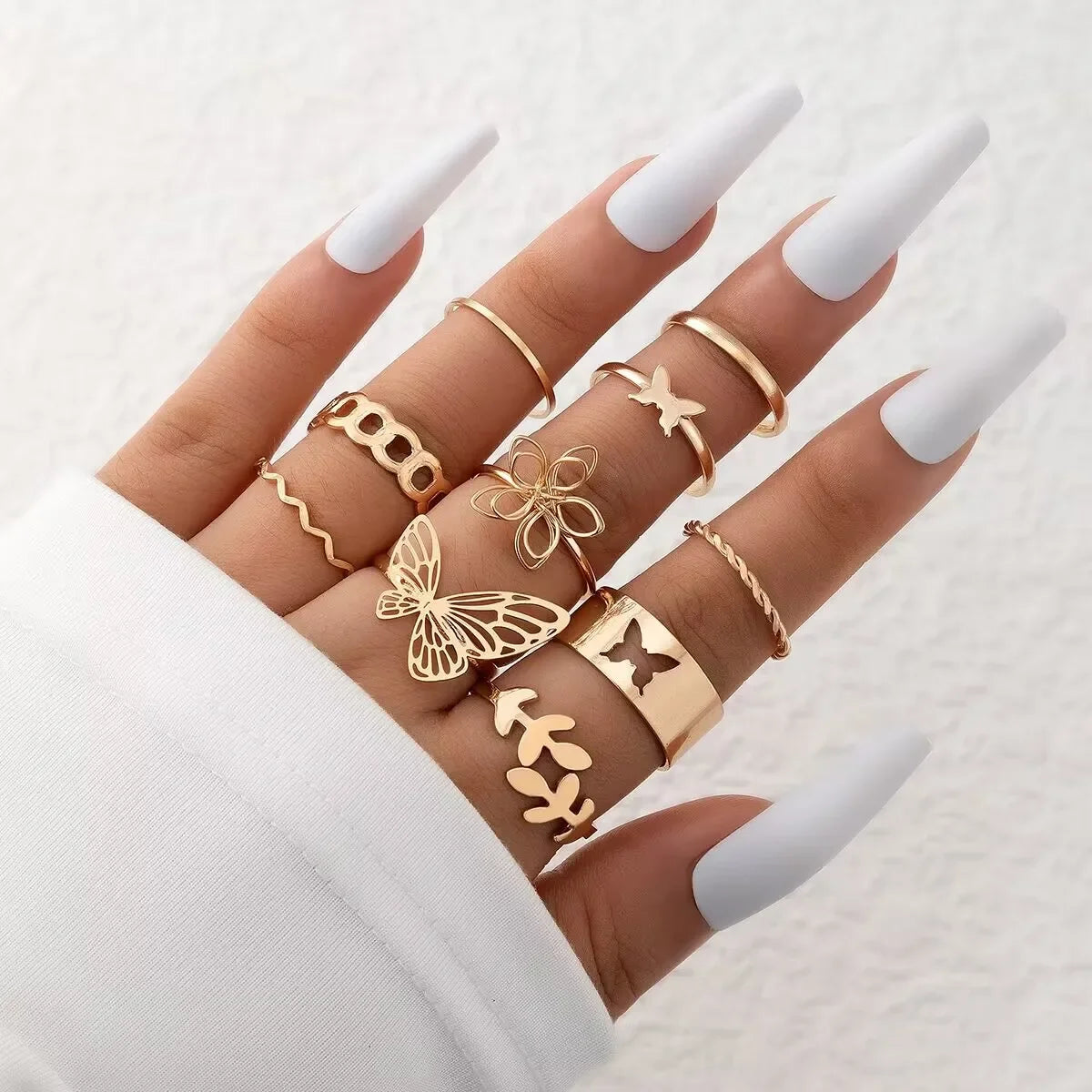 Leaf Wave Hollow Ring Set