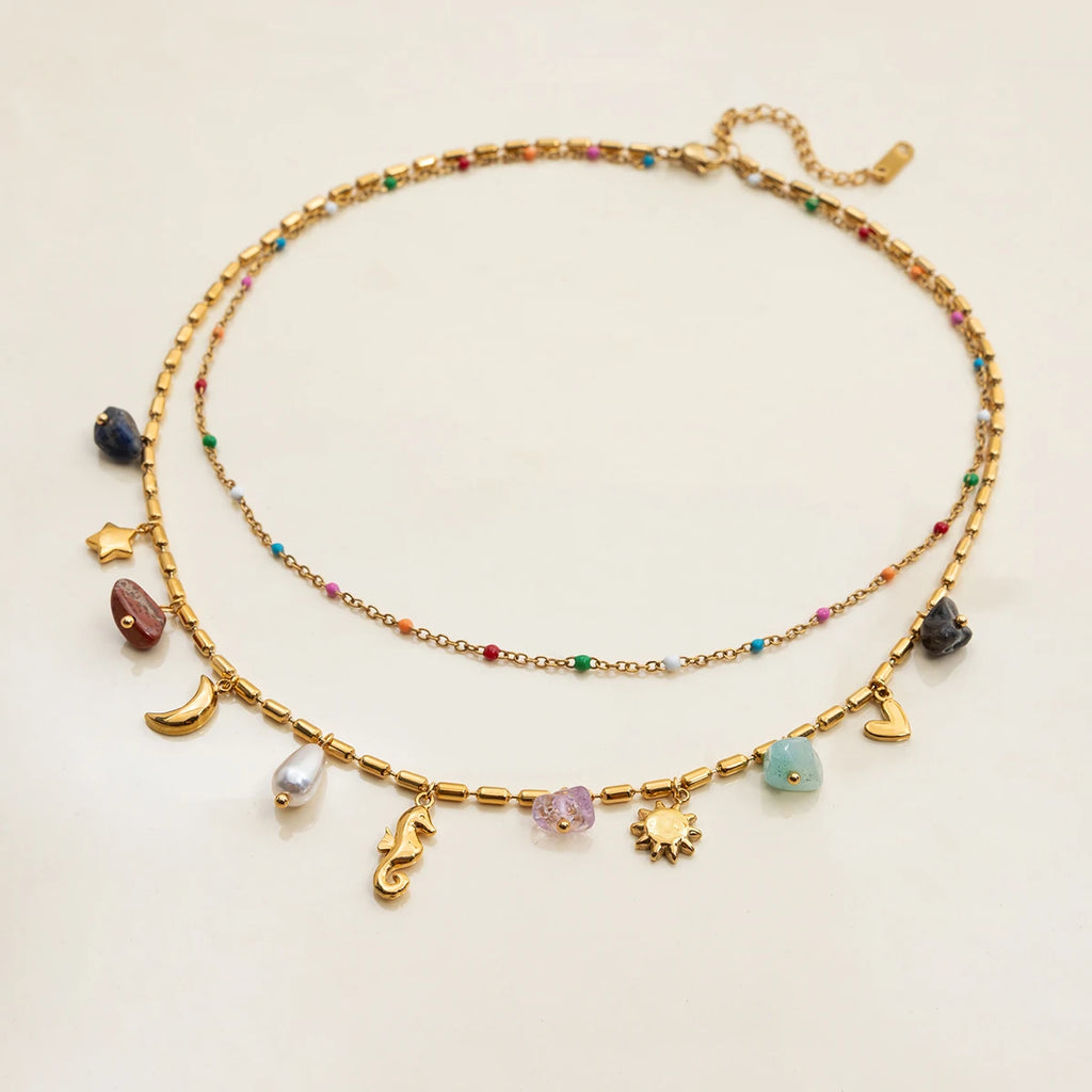 Natural Color Stone Pendant Necklace Stackable Double layer