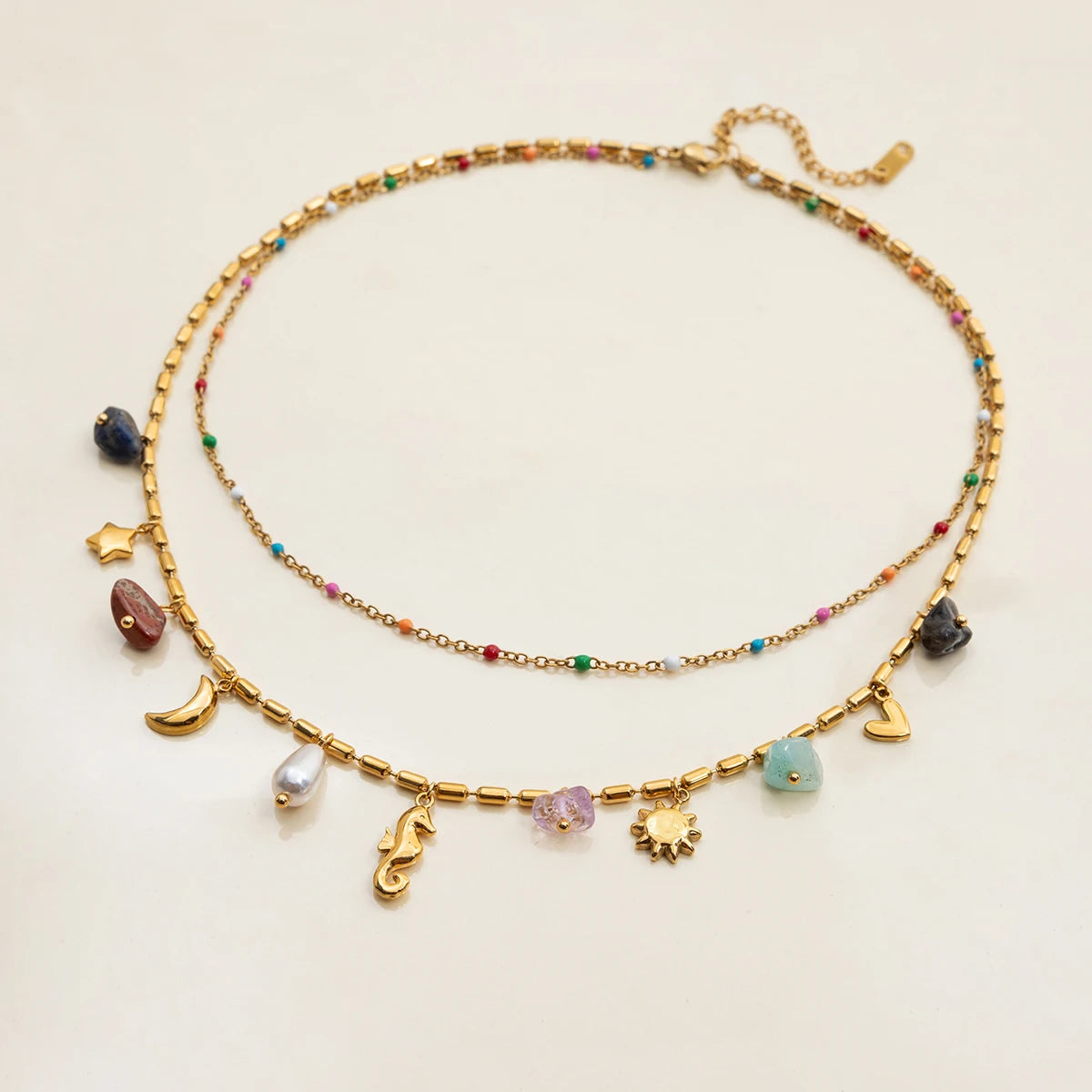 Natural Color Stone Pendant Necklace Stackable Double layer