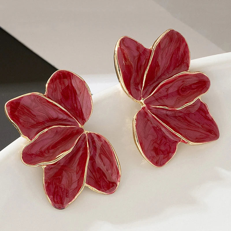 Metal Flower Red Enamel Petal Post Earrings