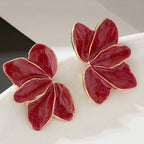 Metal Flower Red Enamel Petal Post Earrings