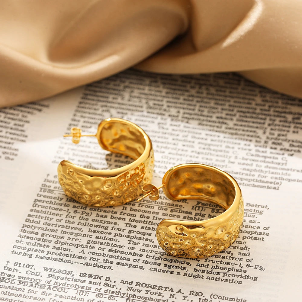 Vintage Gold Plated Hammered Hoop Earrings