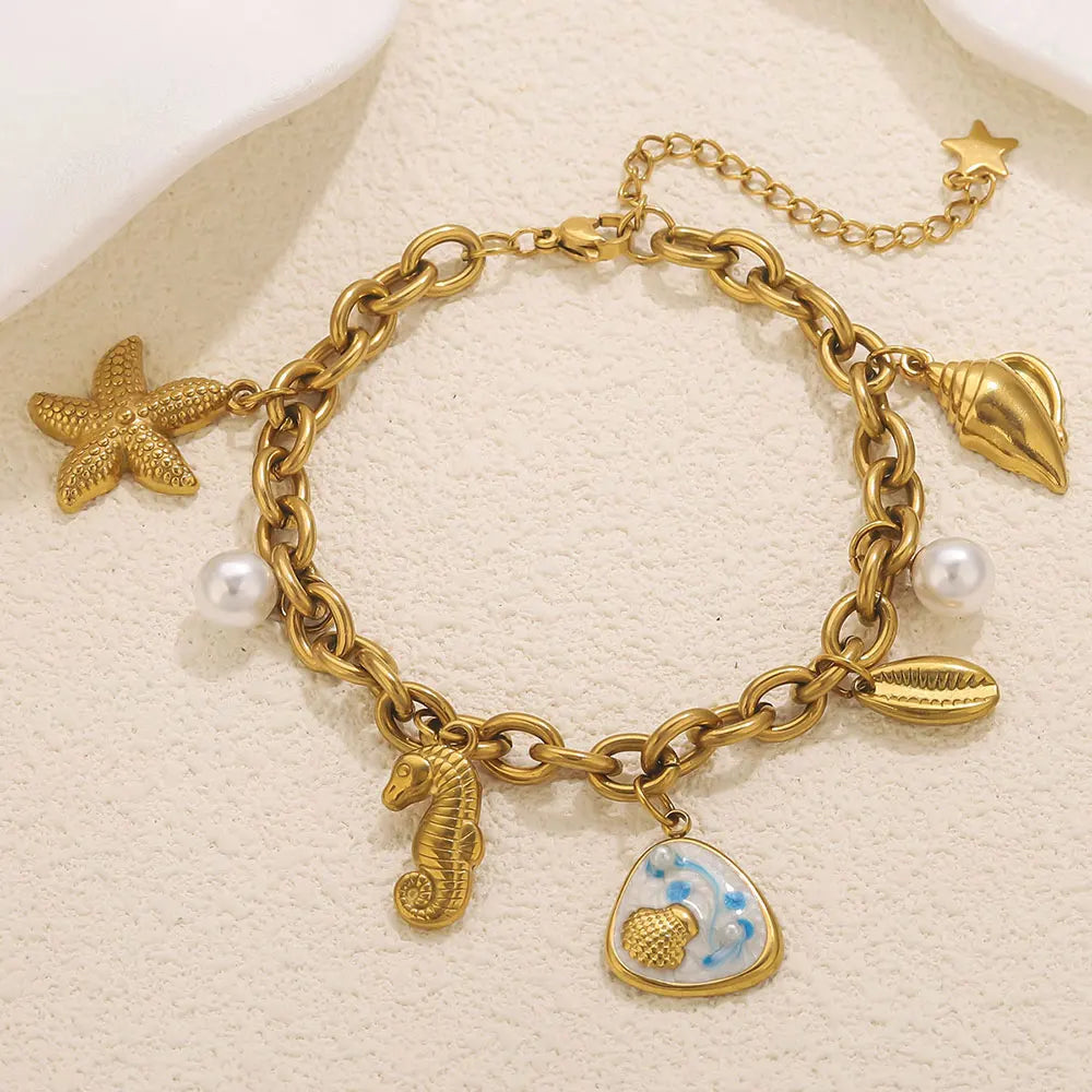 Pearl Shell Starfish Pendant 18K Gold Plated Couple Bracelet