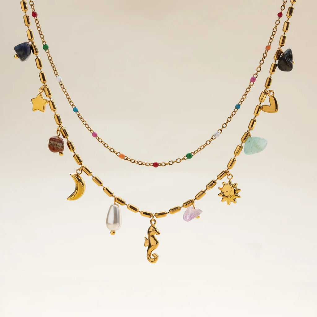 Natural Color Stone Pendant Necklace Stackable Double layer