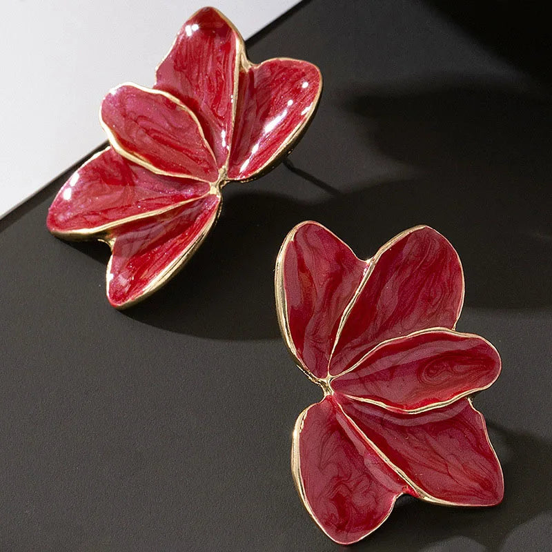 Metal Flower Red Enamel Petal Post Earrings