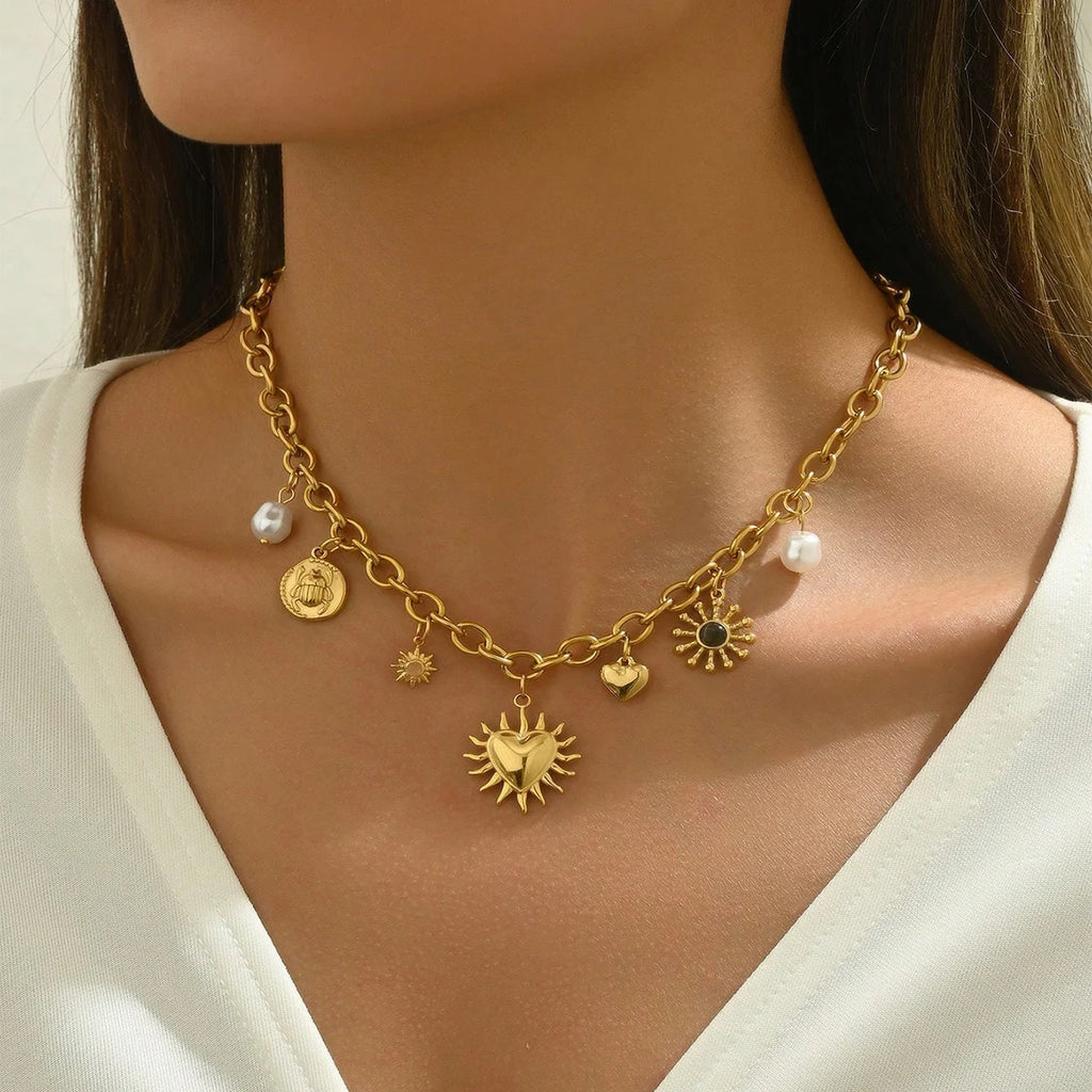 Chunky Chain Necklace With Playful Heart Sun Moon Imitation Pearl Charms