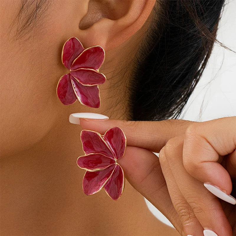 Metal Flower Red Enamel Petal Post Earrings
