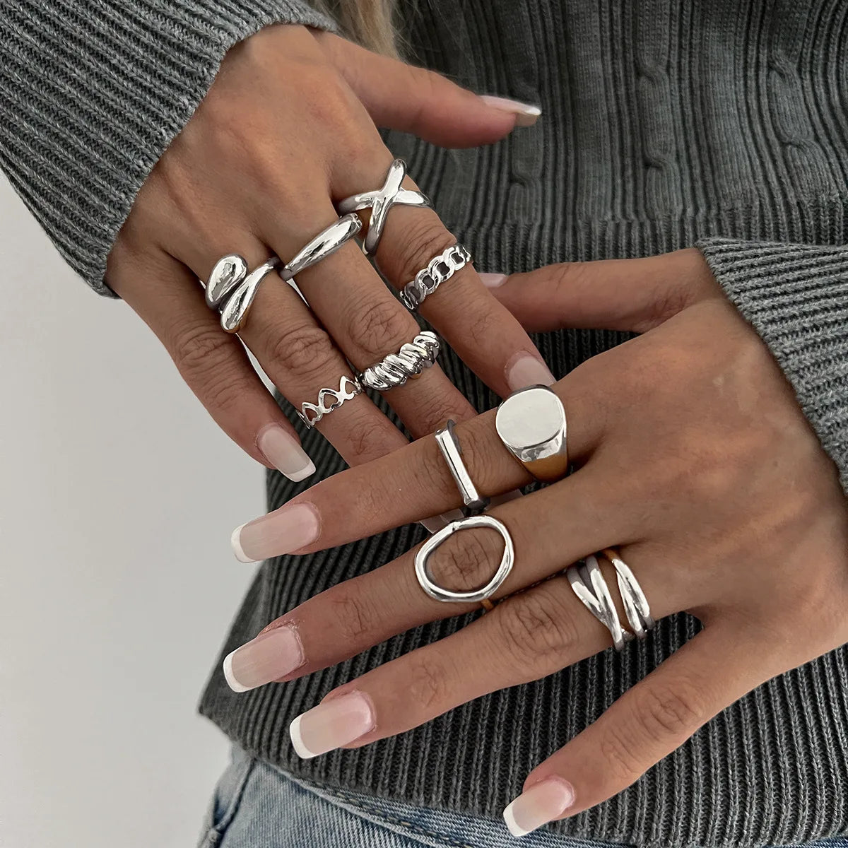 10Pcs/Set Trendy Gold Silver Color Geometric Cuff Rings