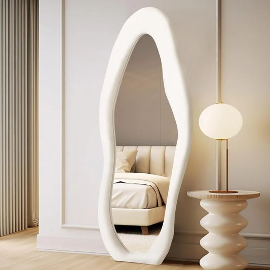 Brightique Full Length Mirror 63"x24" Irregular Full Body Wall Mounted Floor Mirror with Stand Ivory Flannel Frame Leaning Hanging Wall Mir