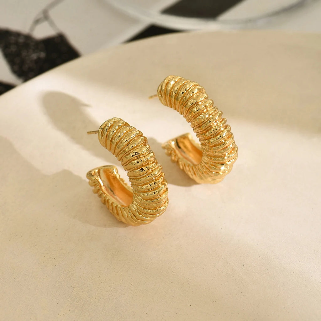 Hoop Earrings Striped Pleated Texture 18K Gold