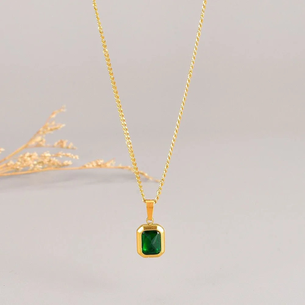 Emerald Zirconia Geometric Square Pendant Necklace