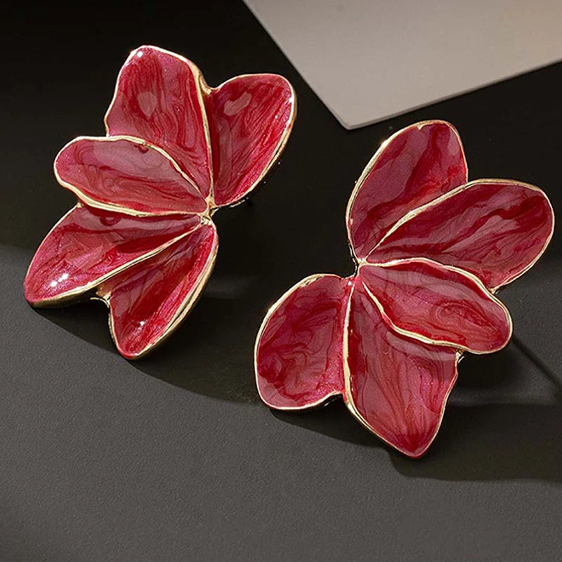 Metal Flower Red Enamel Petal Post Earrings