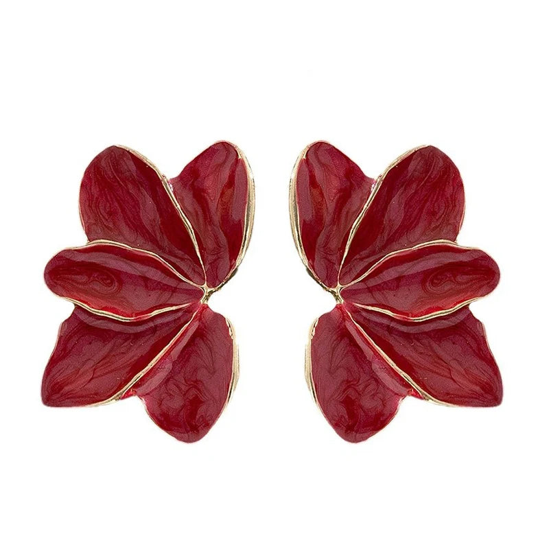 Metal Flower Red Enamel Petal Post Earrings
