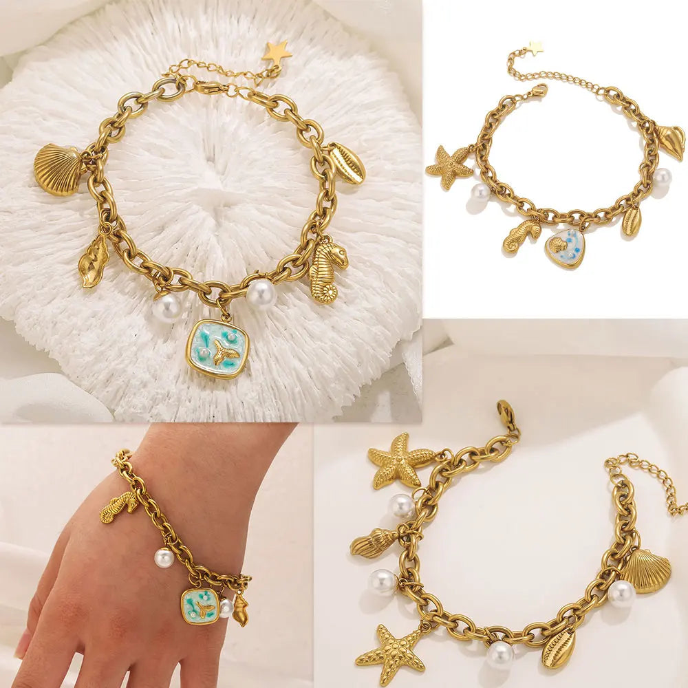 Pearl Shell Starfish Pendant 18K Gold Plated Couple Bracelet