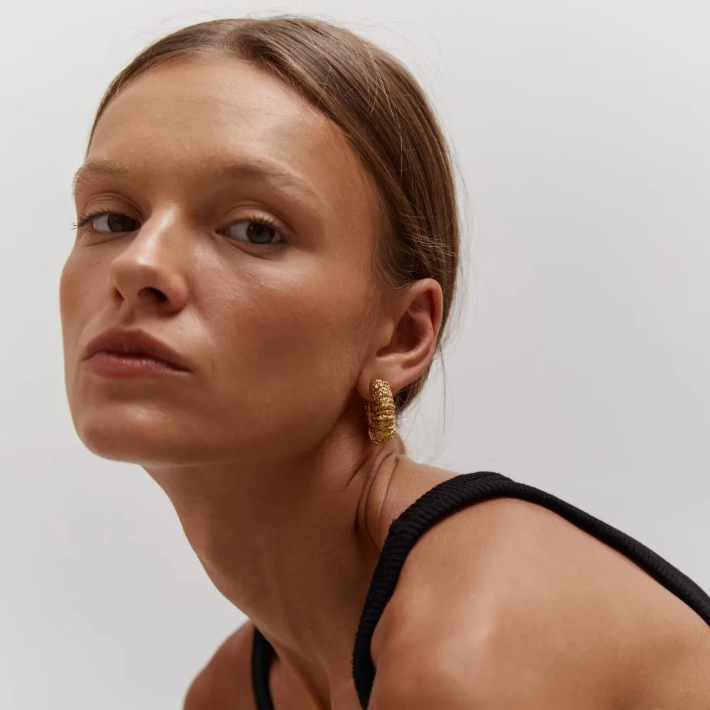 Hoop Earrings Striped Pleated Texture 18K Gold