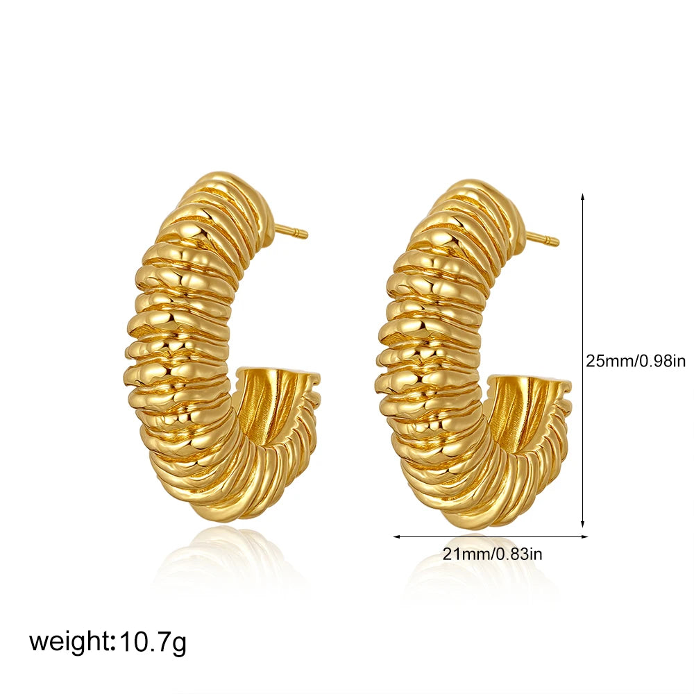 Hoop Earrings Striped Pleated Texture 18K Gold