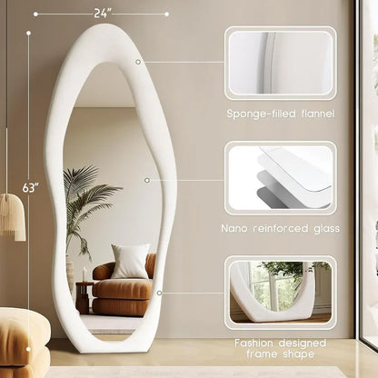 Brightique Full Length Mirror 63"x24" Irregular Full Body Wall Mounted Floor Mirror with Stand Ivory Flannel Frame Leaning Hanging Wall Mir