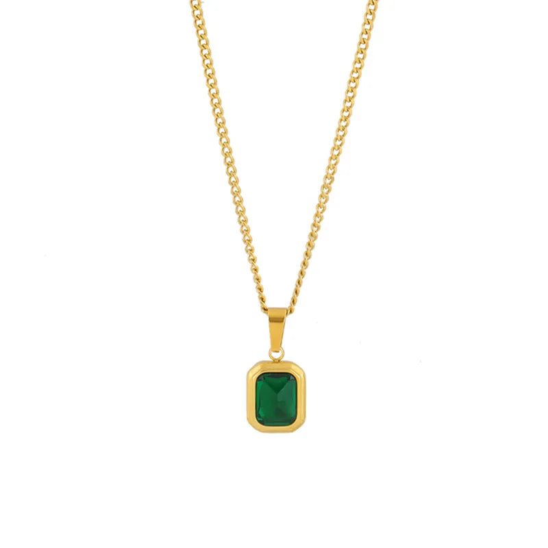 Emerald Zirconia Geometric Square Pendant Necklace