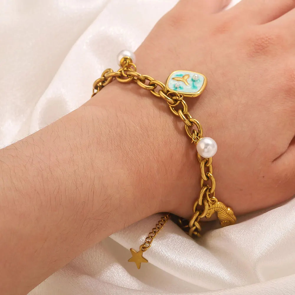 Pearl Shell Starfish Pendant 18K Gold Plated Couple Bracelet