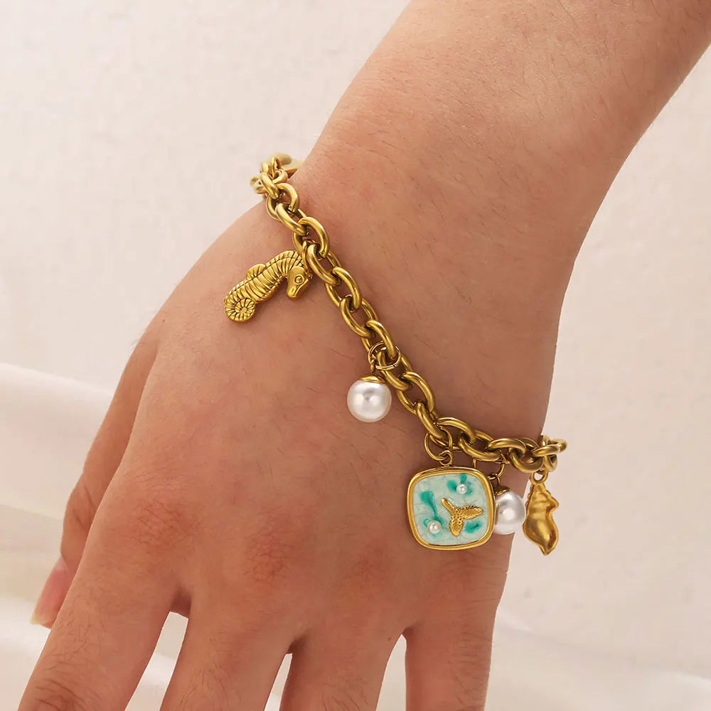 Pearl Shell Starfish Pendant 18K Gold Plated Couple Bracelet