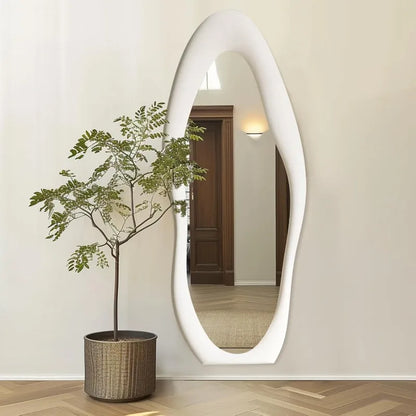 Brightique Full Length Mirror 63"x24" Irregular Full Body Wall Mounted Floor Mirror with Stand Ivory Flannel Frame Leaning Hanging Wall Mir
